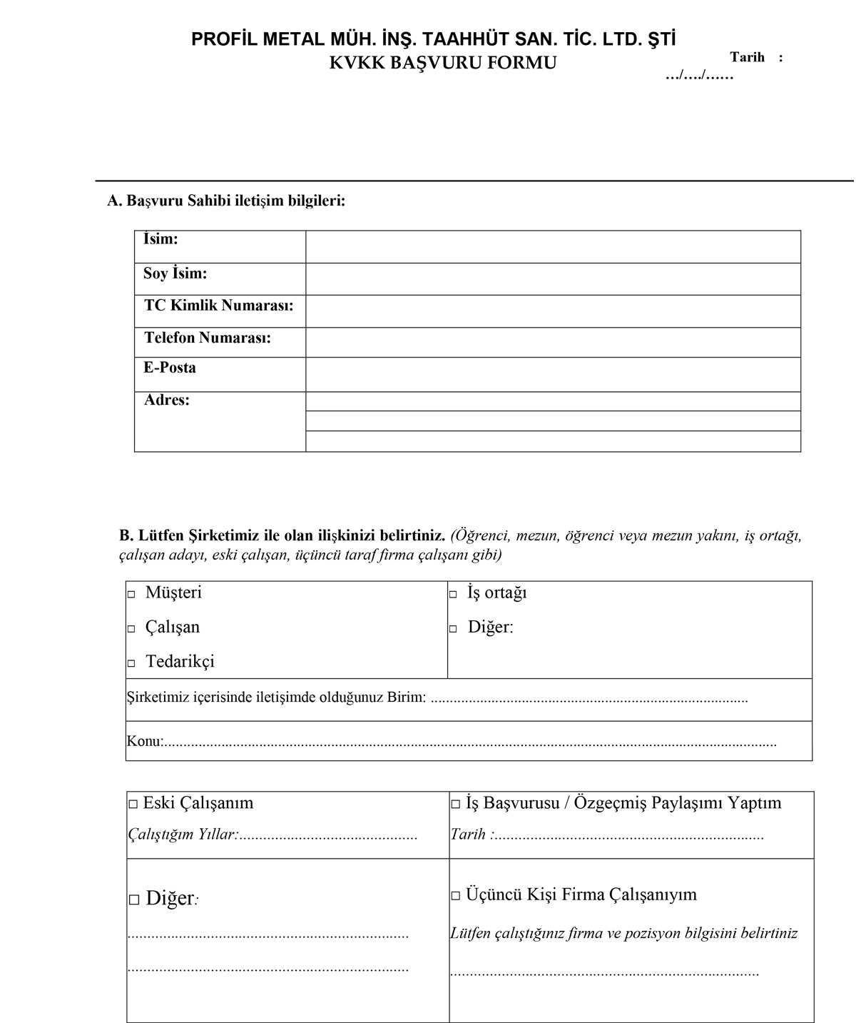 KVKK Başvuru Formu Profil Metal
